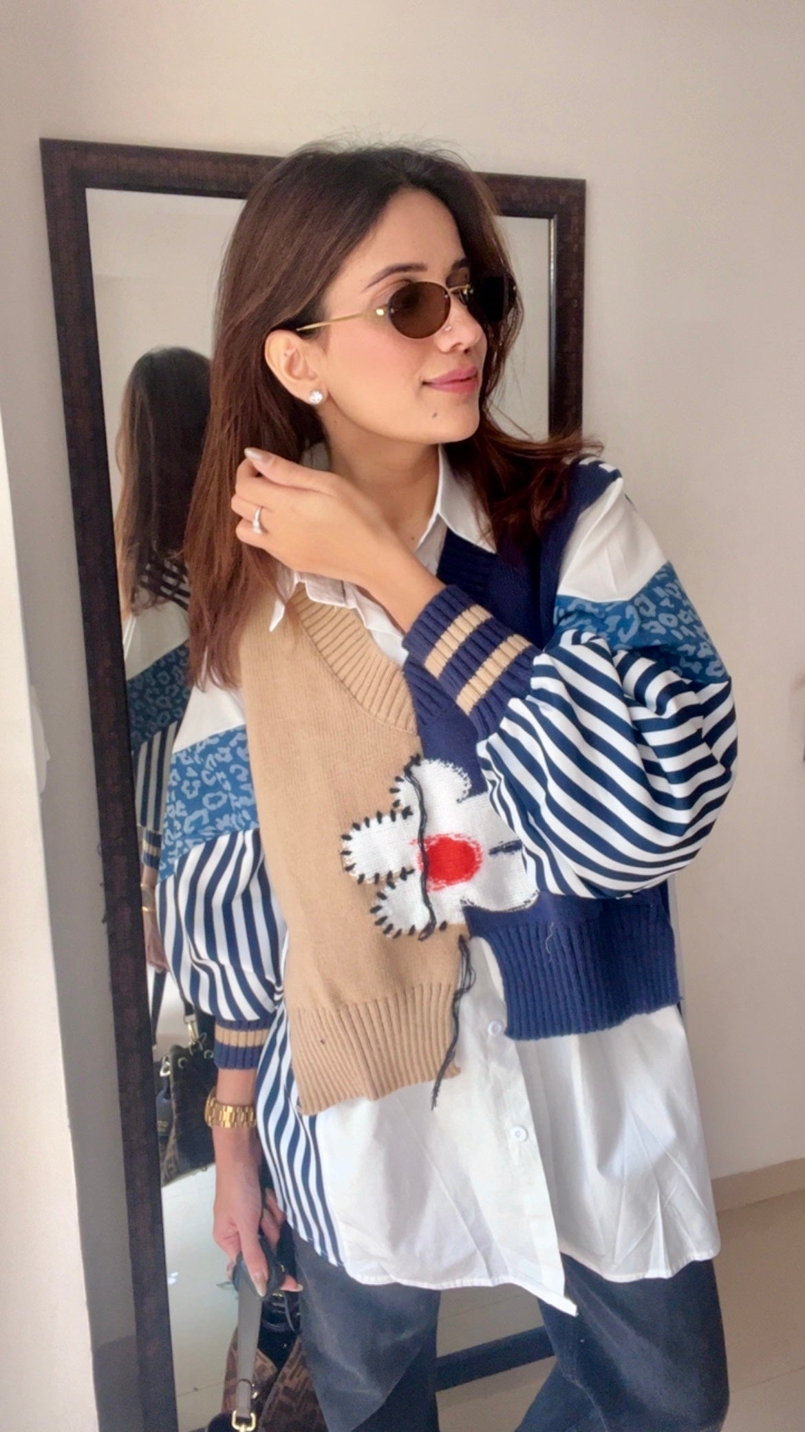 Stripe Knit Vest Poplin Fall Shirt