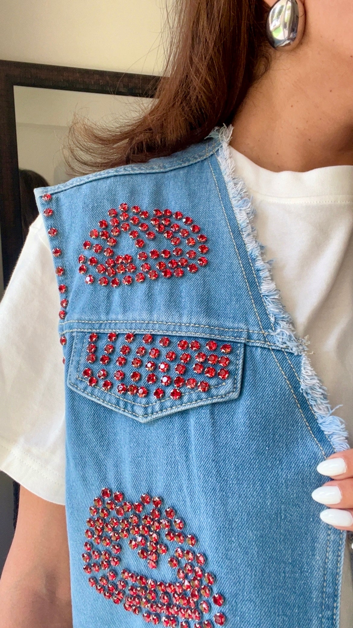 Red Studded Lips Denim Fall Vest