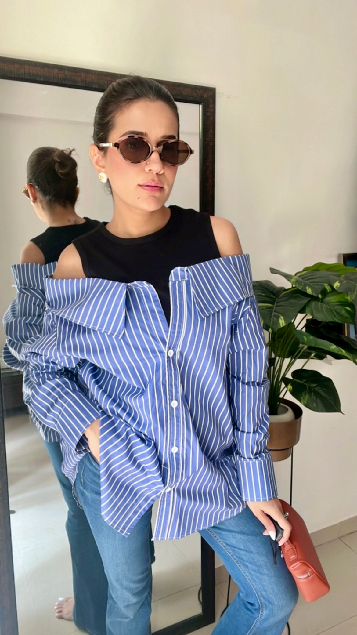 Cold Shoulder Poplin Shirt with Attached tank top