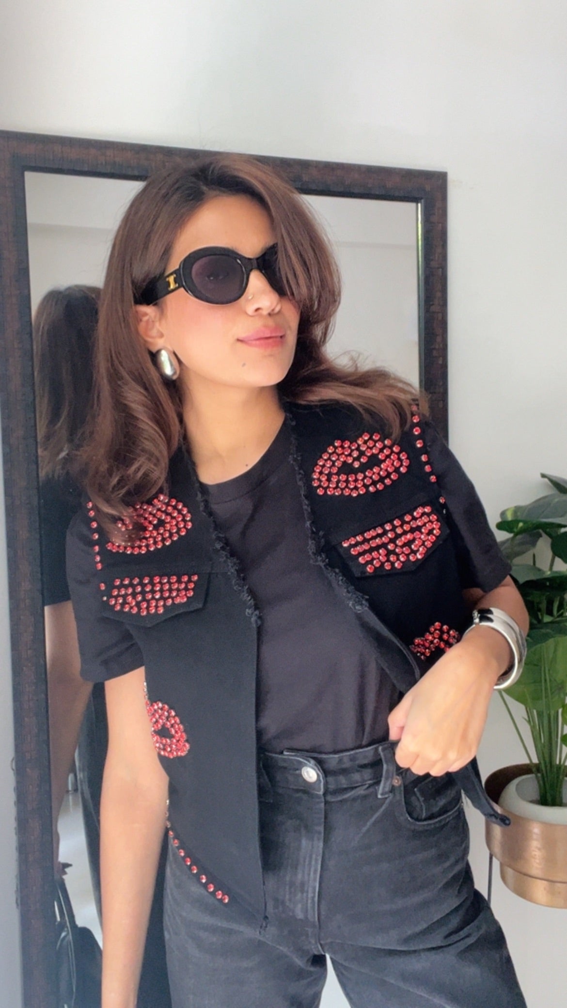 Red Studded Lips Denim Fall Vest