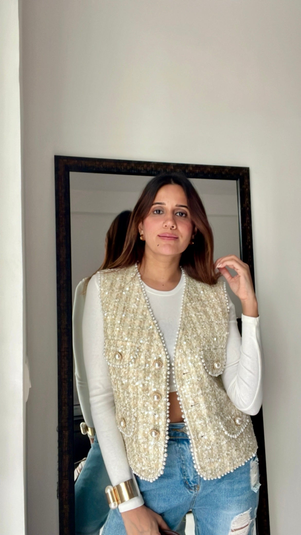 Pearl Embellished Tweed Fall Vest