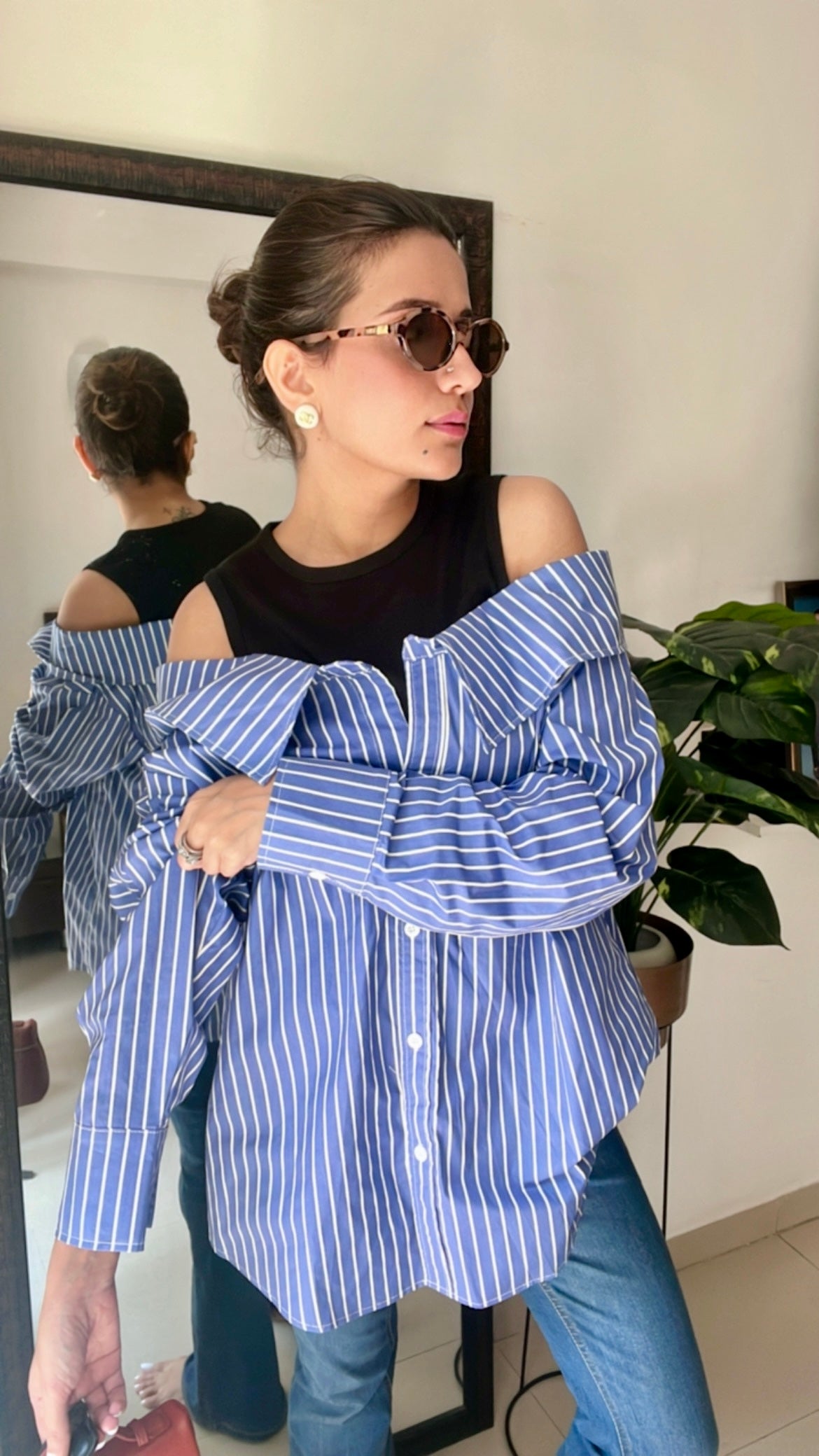 Cold Shoulder Poplin Shirt with Attached tank top