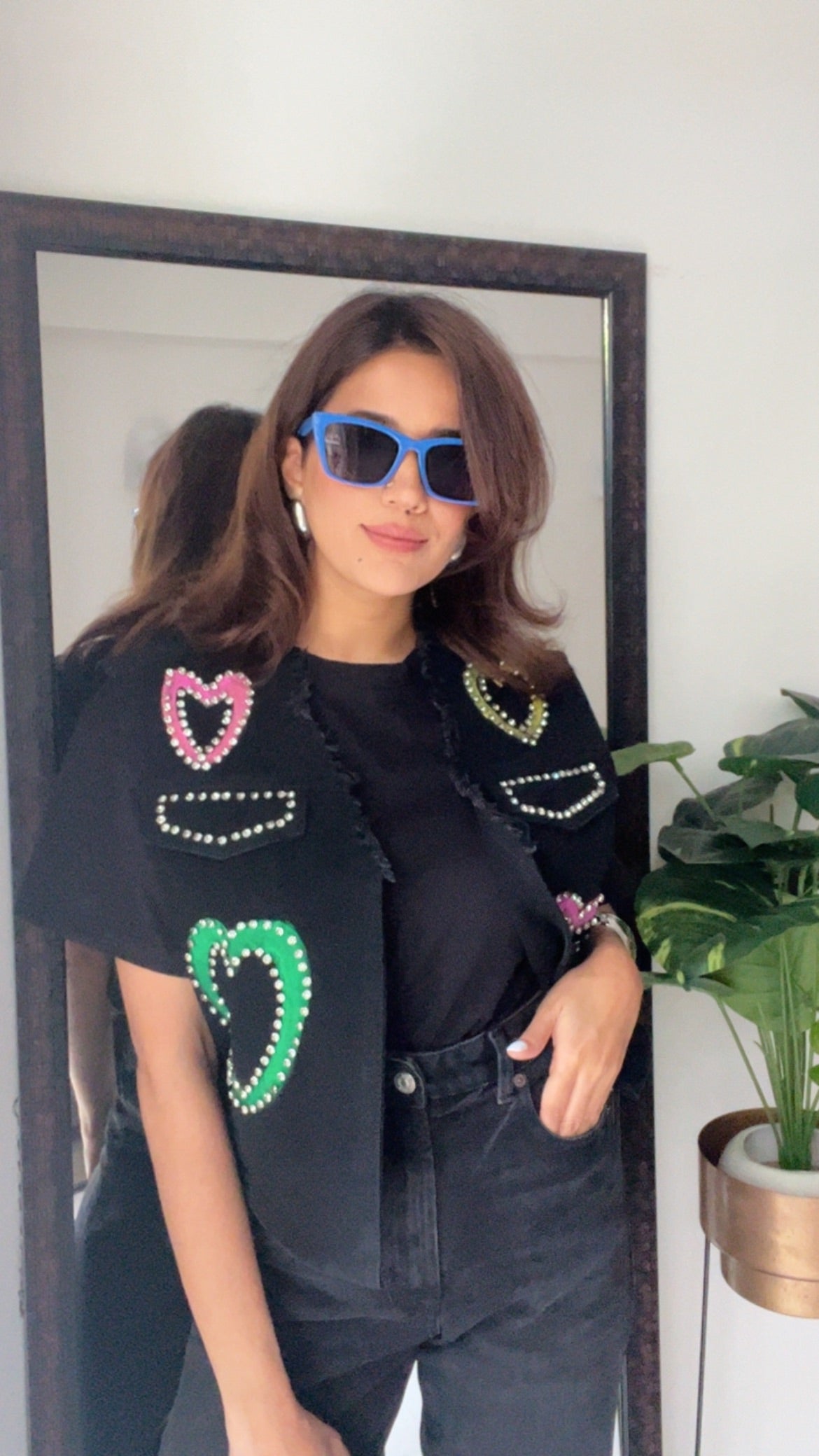Multi Color Studded Heart Denim Fall Vest