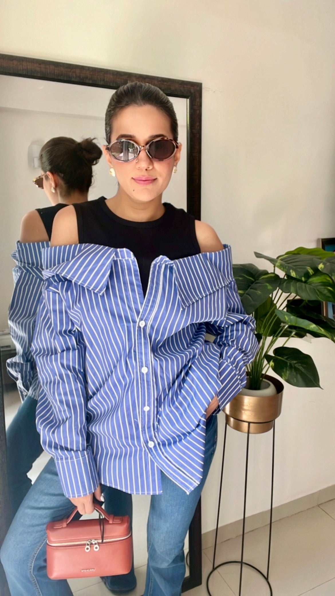 Cold Shoulder Poplin Shirt with Attached tank top