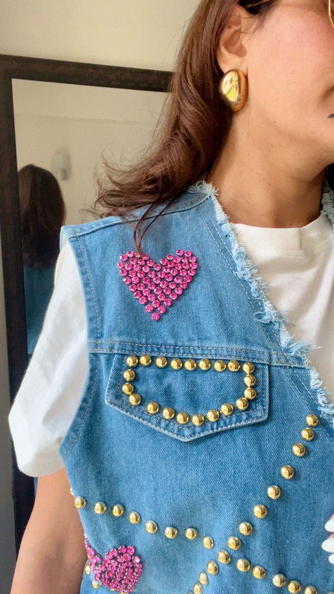 Gold Metal Pink Heart Denim Fall Vest
