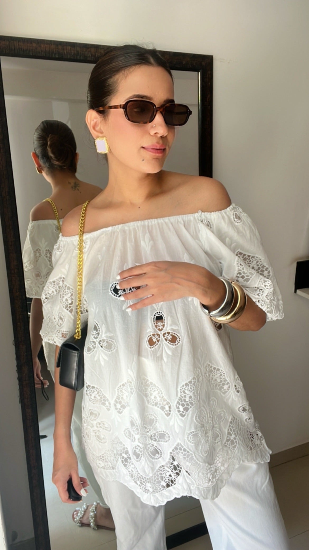 Off Shoulder Cutwork Poplin Top