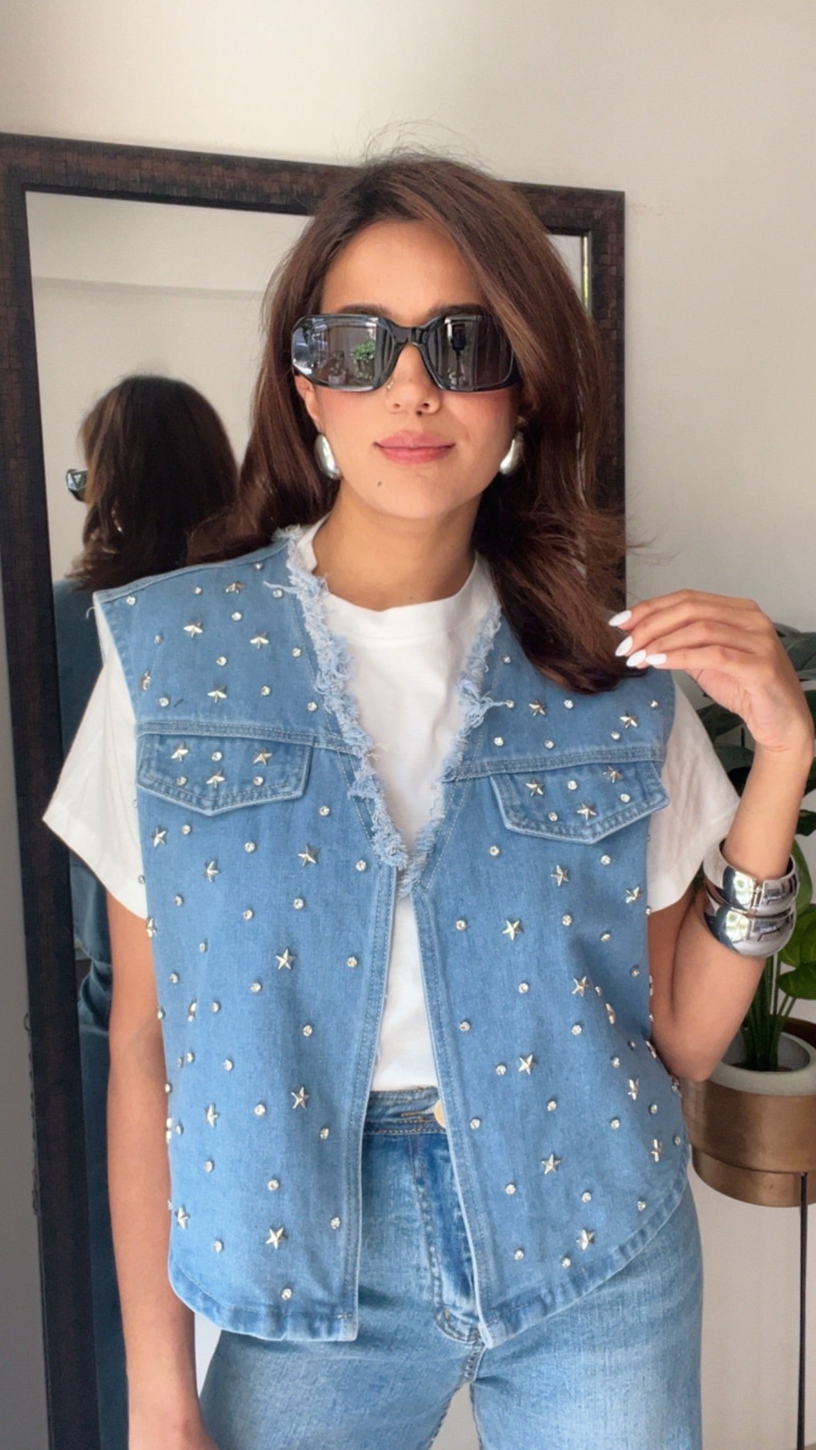 Star and Studs Denim Fall Vest