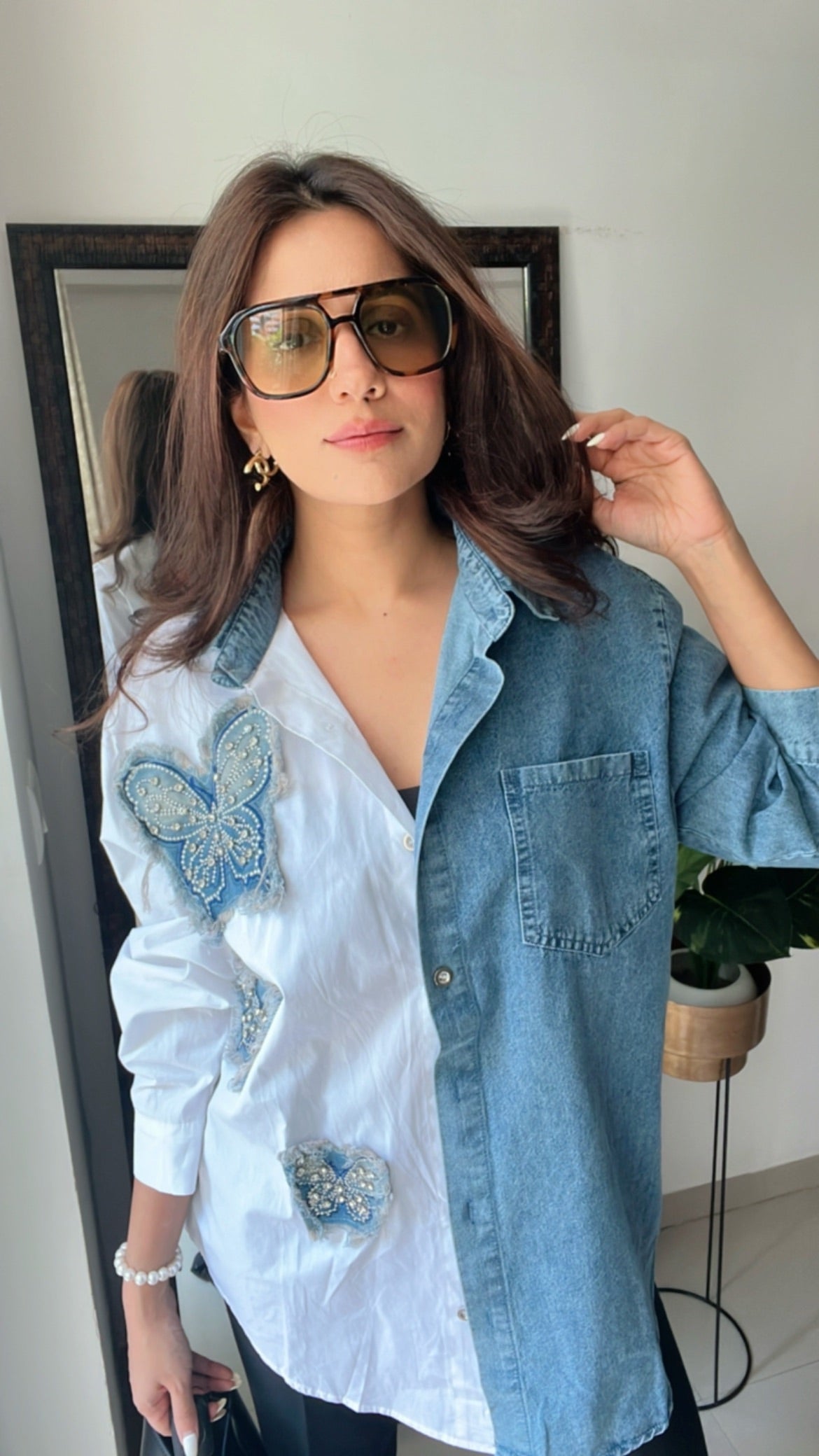 Butterfly Studded Denim Poplin Shirt