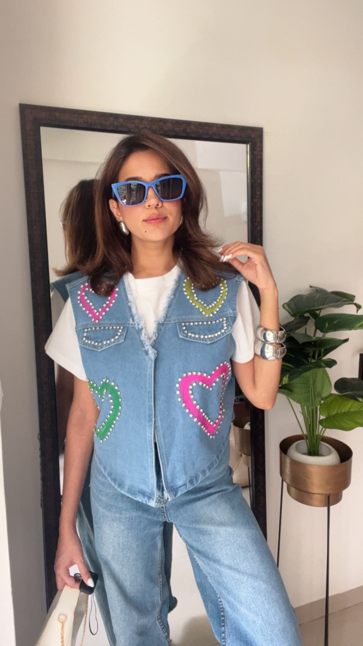 Multi Color Studded Heart Denim Fall Vest