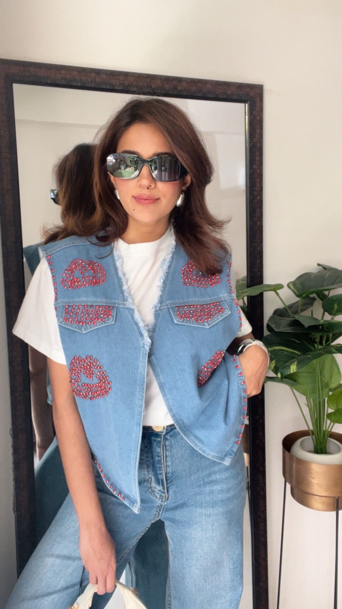 Red Studded Lips Denim Fall Vest