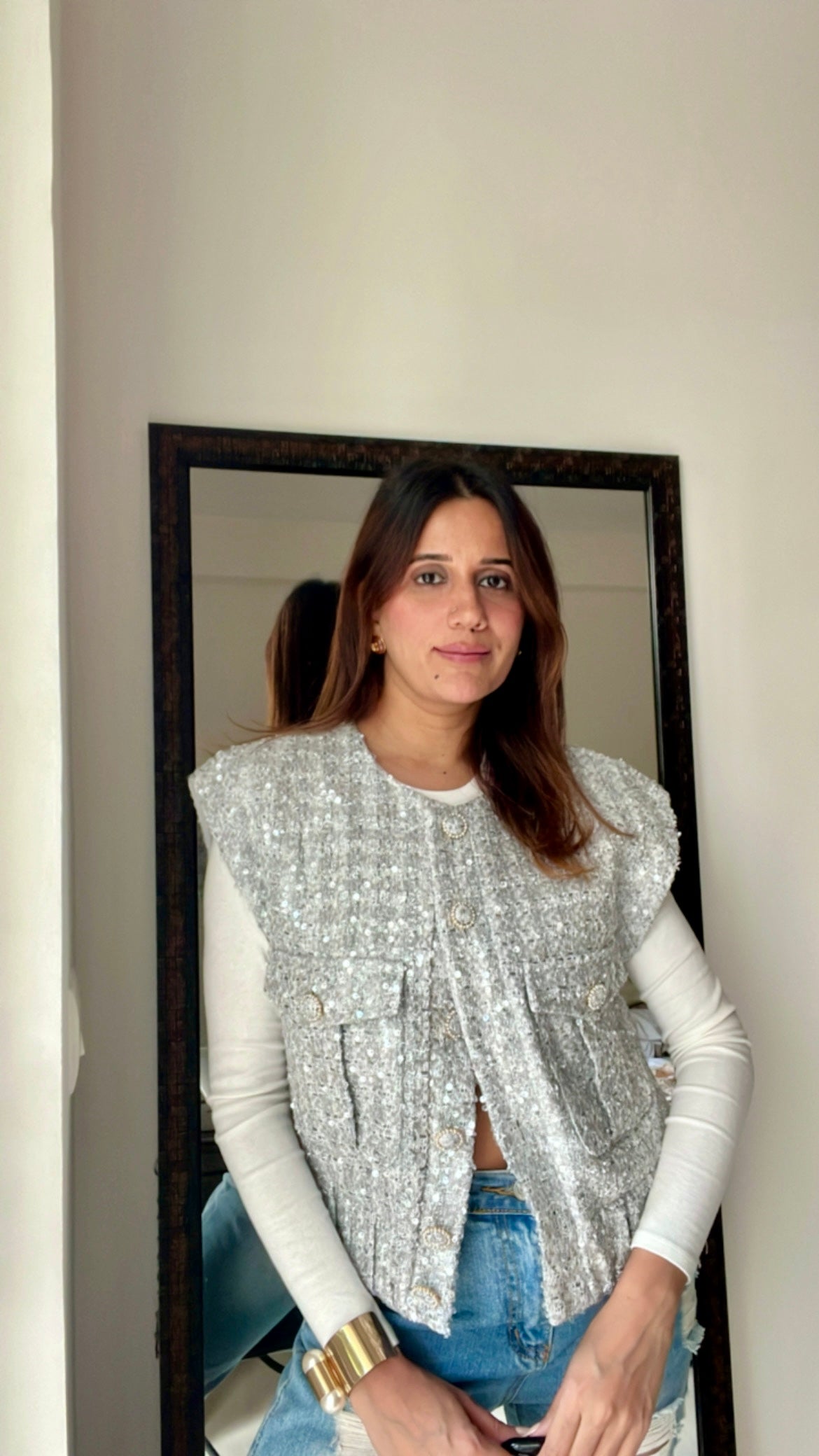 Sequin Embedded Cap sleeves Tweed Fall Vest