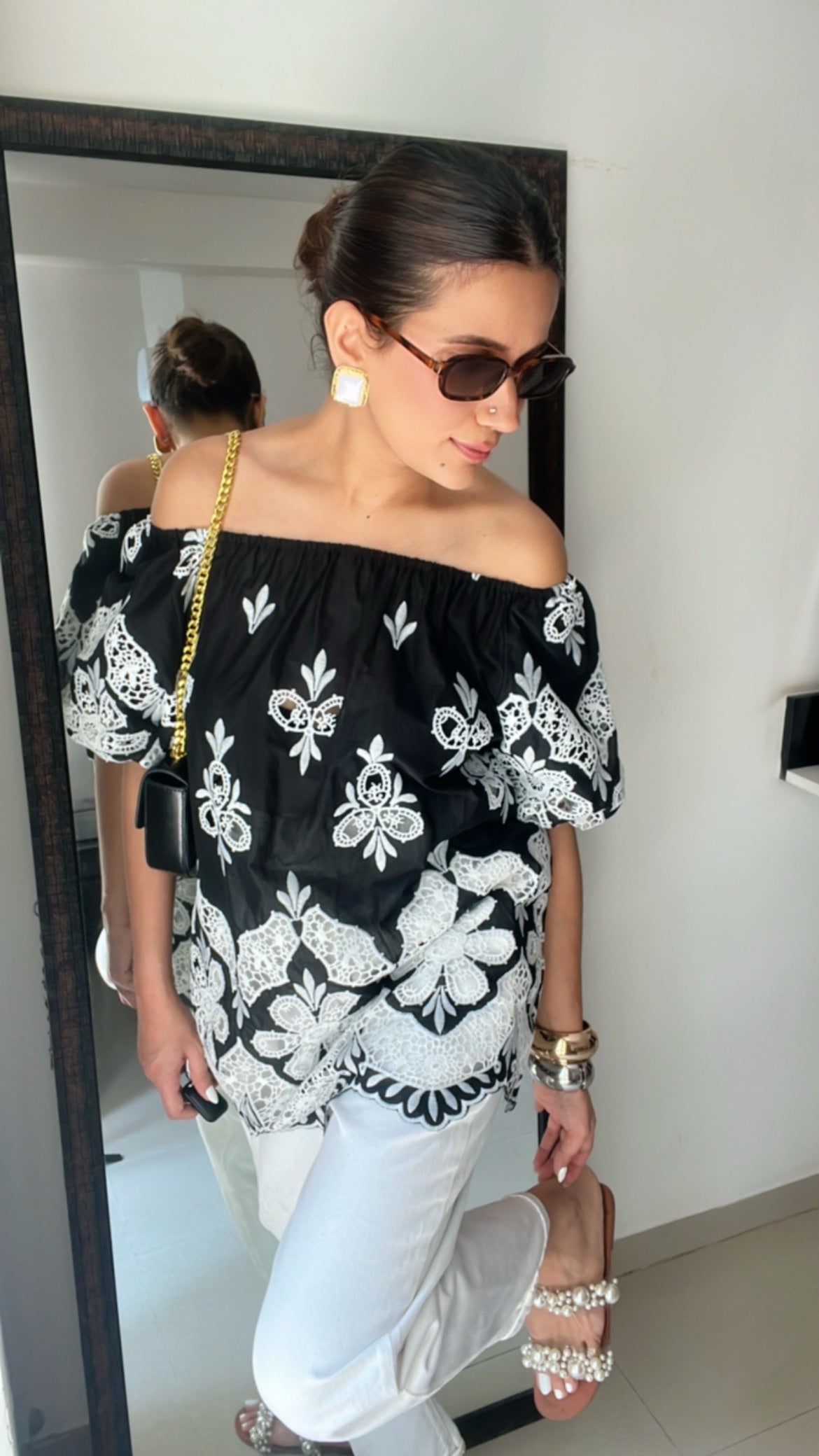 Off Shoulder Cutwork Poplin Top