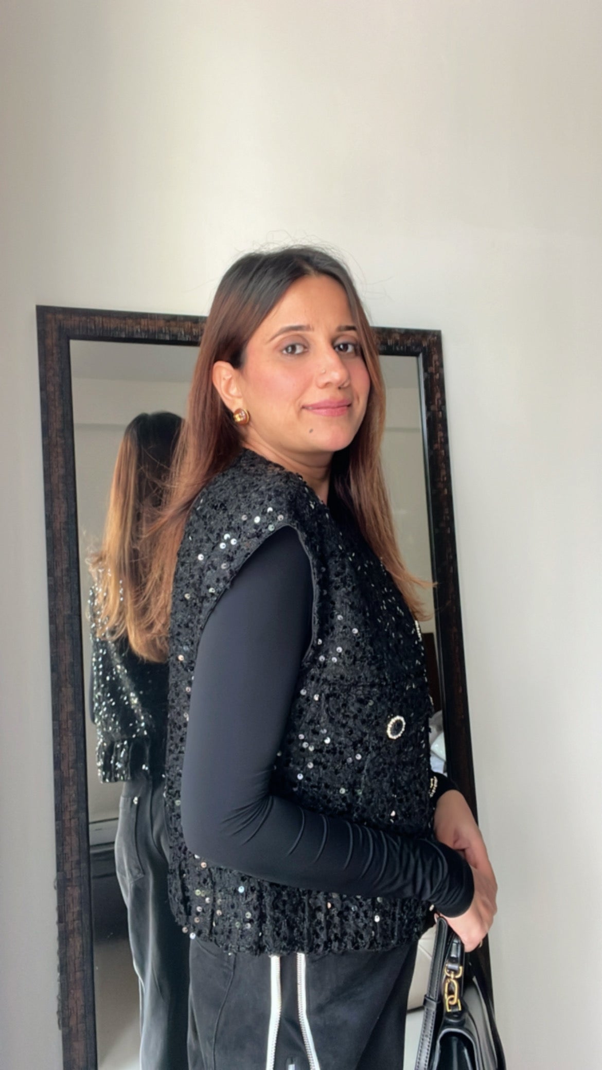 Sequin Embedded Cap sleeves Tweed Fall Vest