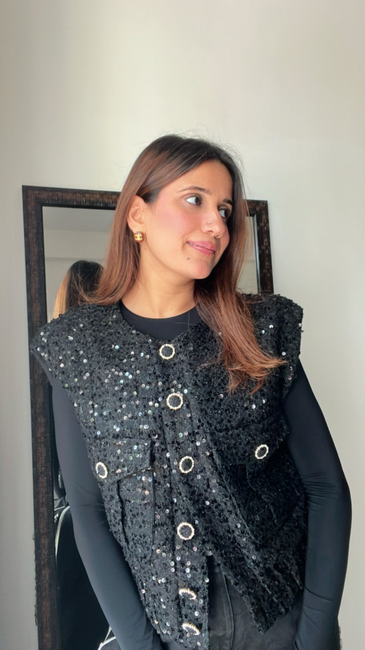 Sequin Embedded Cap sleeves Tweed Fall Vest