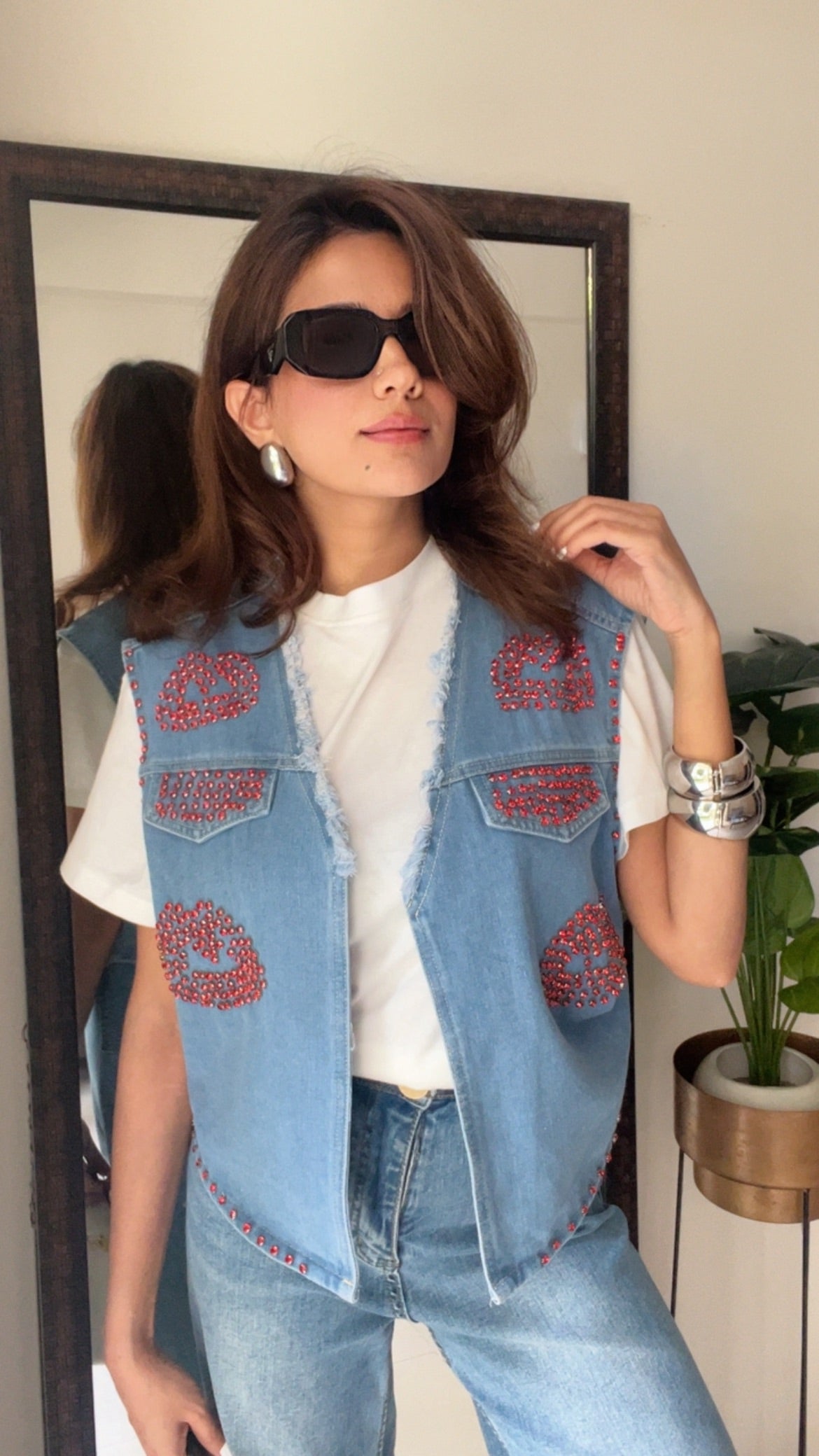 Red Studded Lips Denim Fall Vest