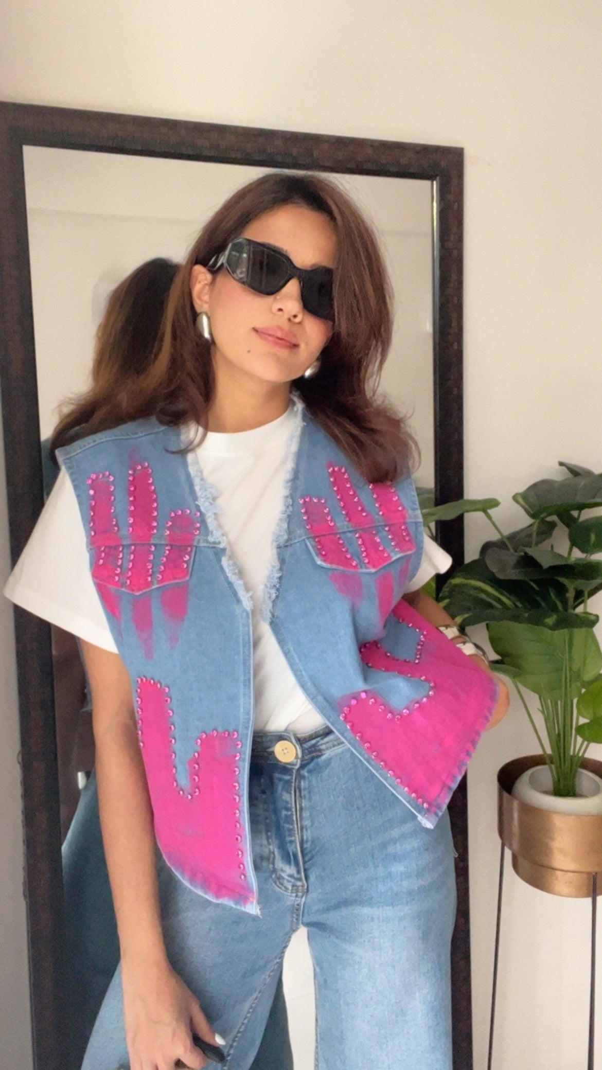 Hot Pink Studded Denim Fall Vest