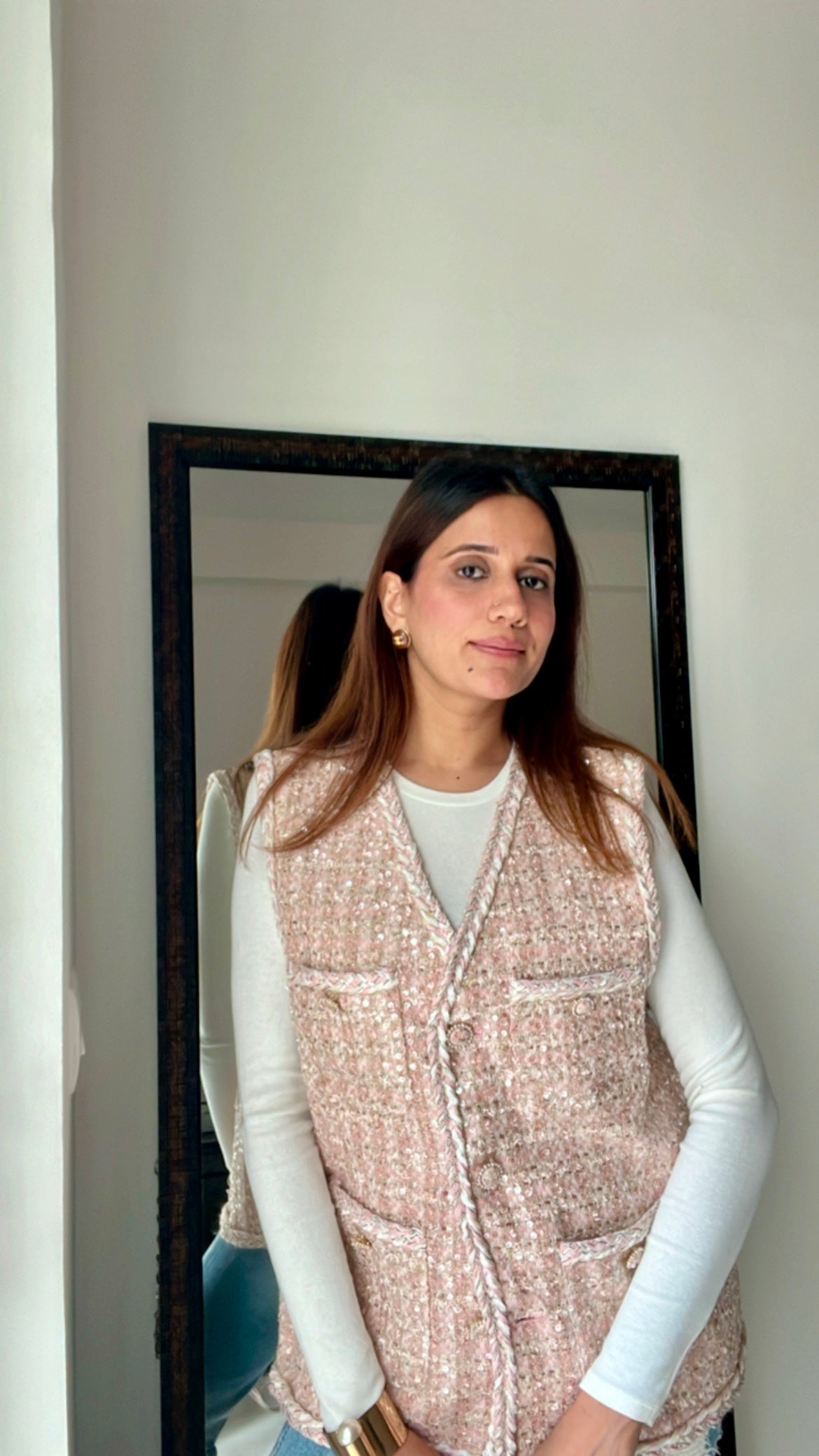 Pink Knotted Tweed Fall Vest