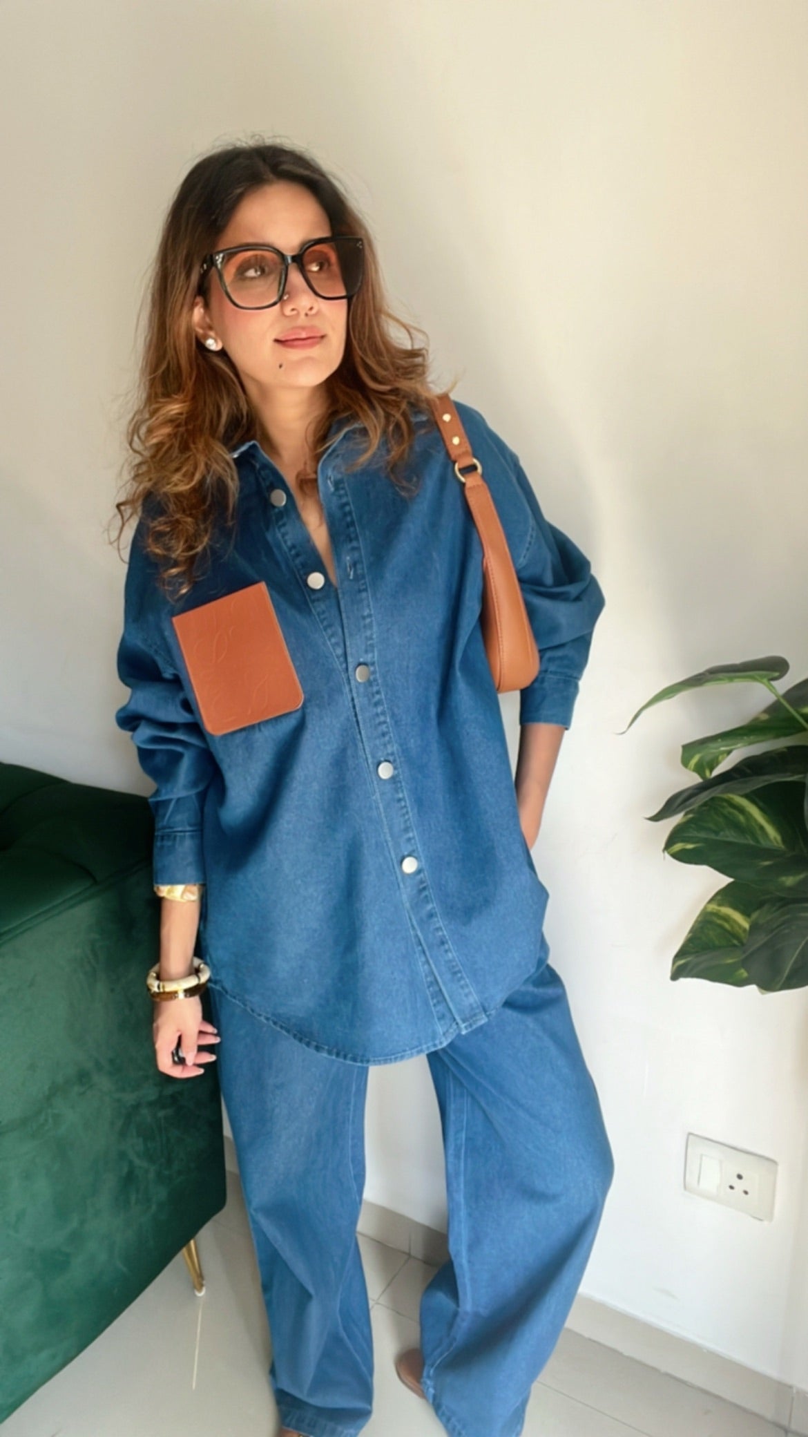 Leather Pocket Denim Drawstring Pants Co-ord Set