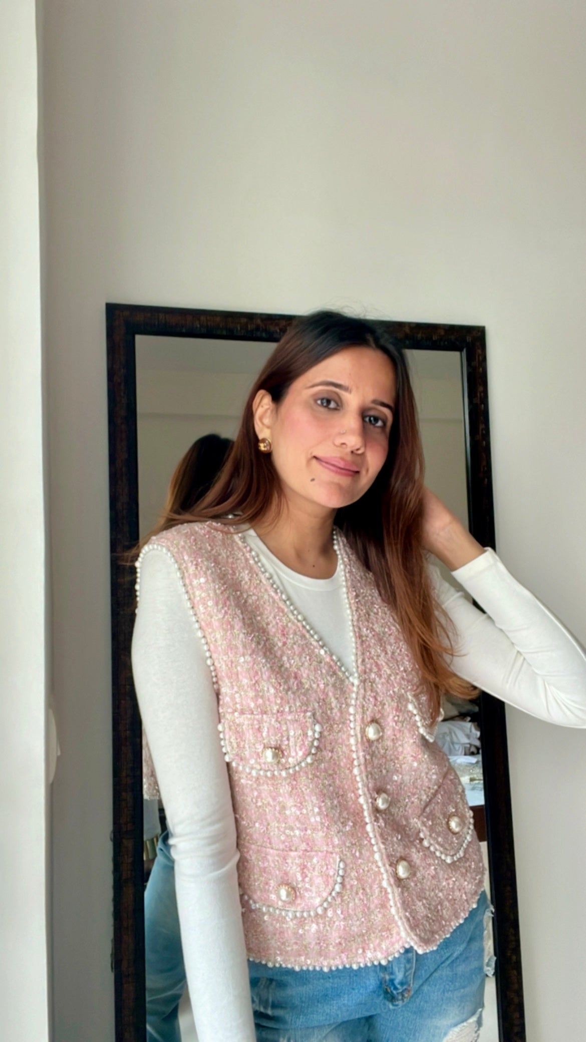 Pearl Embellished Tweed Fall Vest