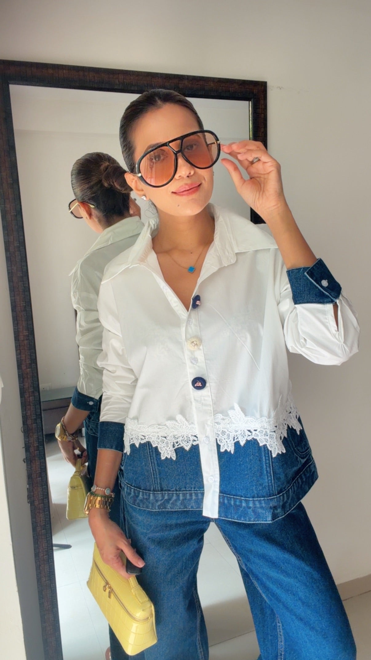 Lace Trim Denim Contrast Shirt