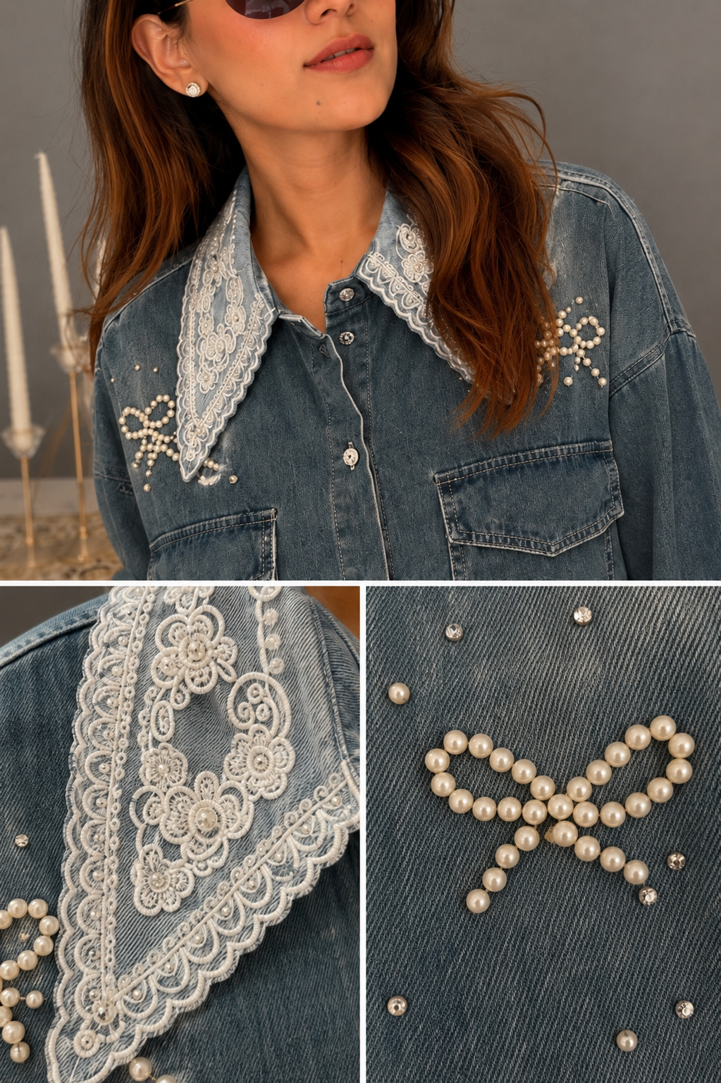Lace Collar Pearl Detail Denim Shirt