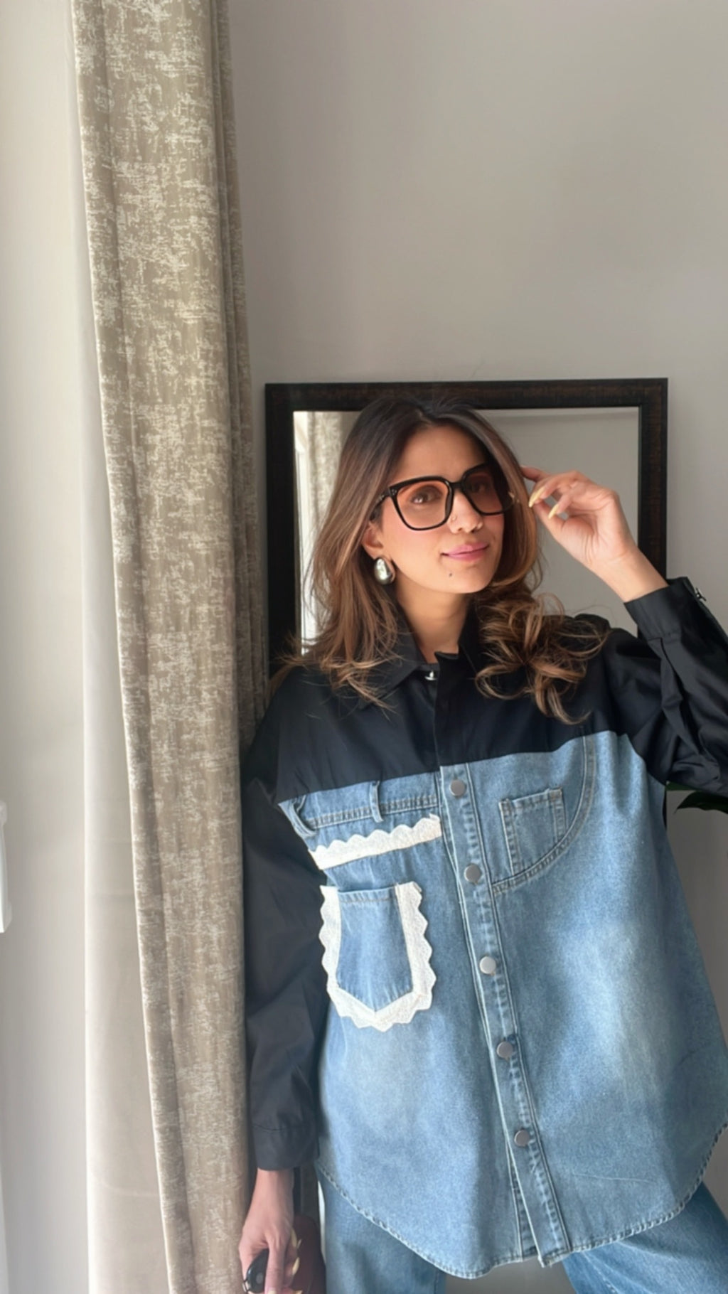 Denim Lace detailed Poplin Shirt