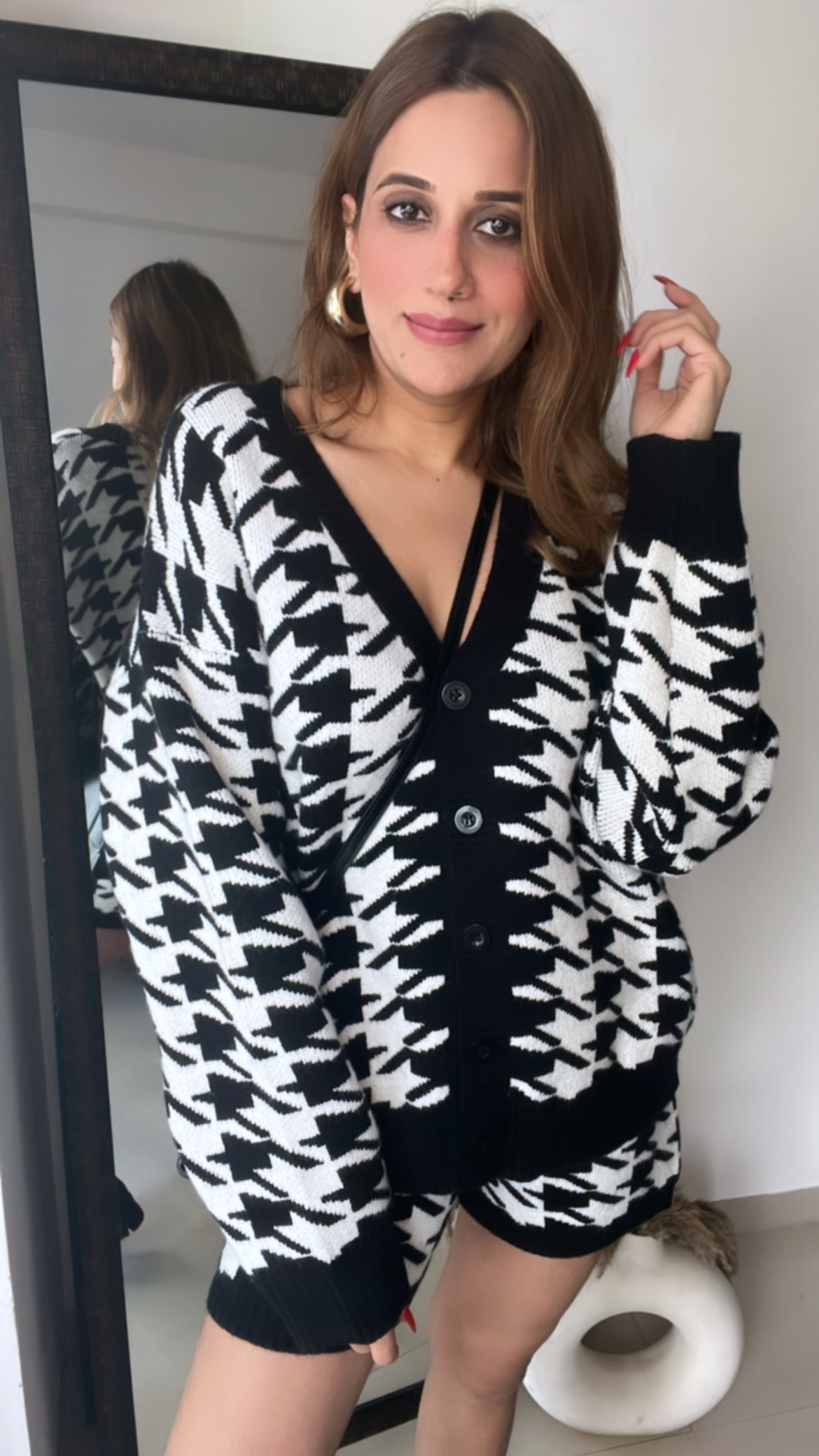 Houndstooth Knitted Shorts Fall Co-ord Set