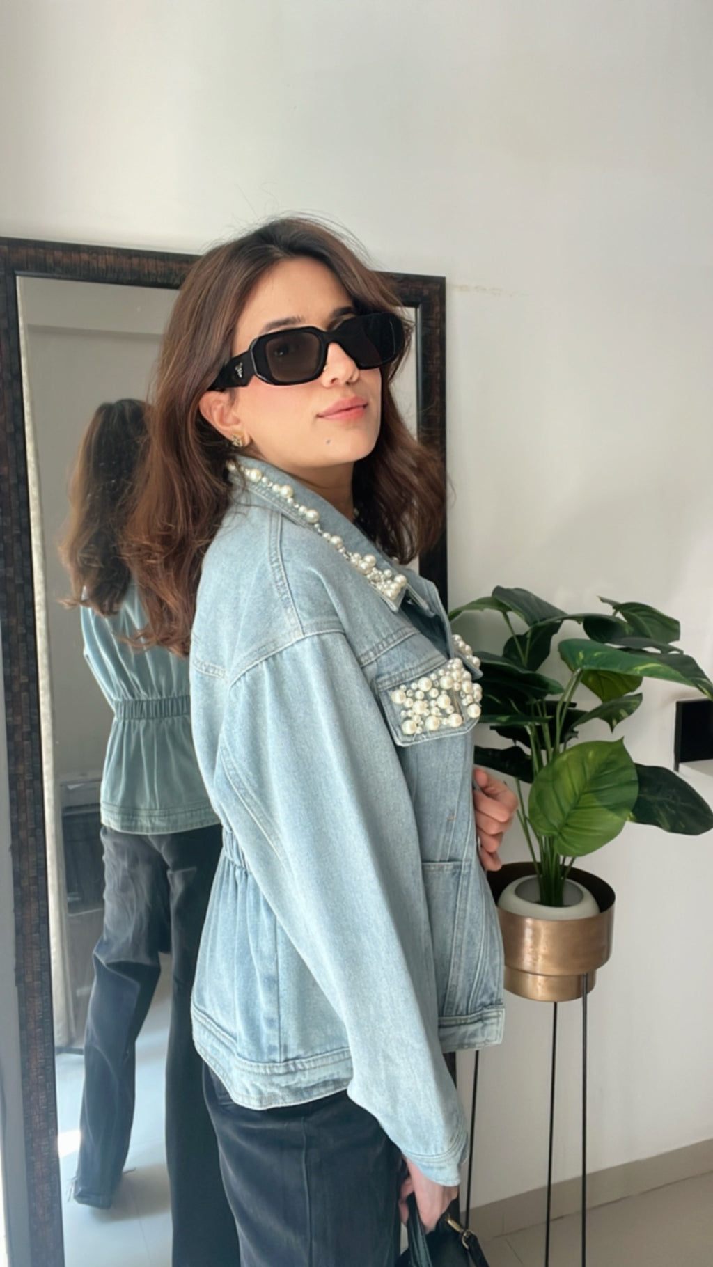 Pearl Detailed Denim Fall Jacket