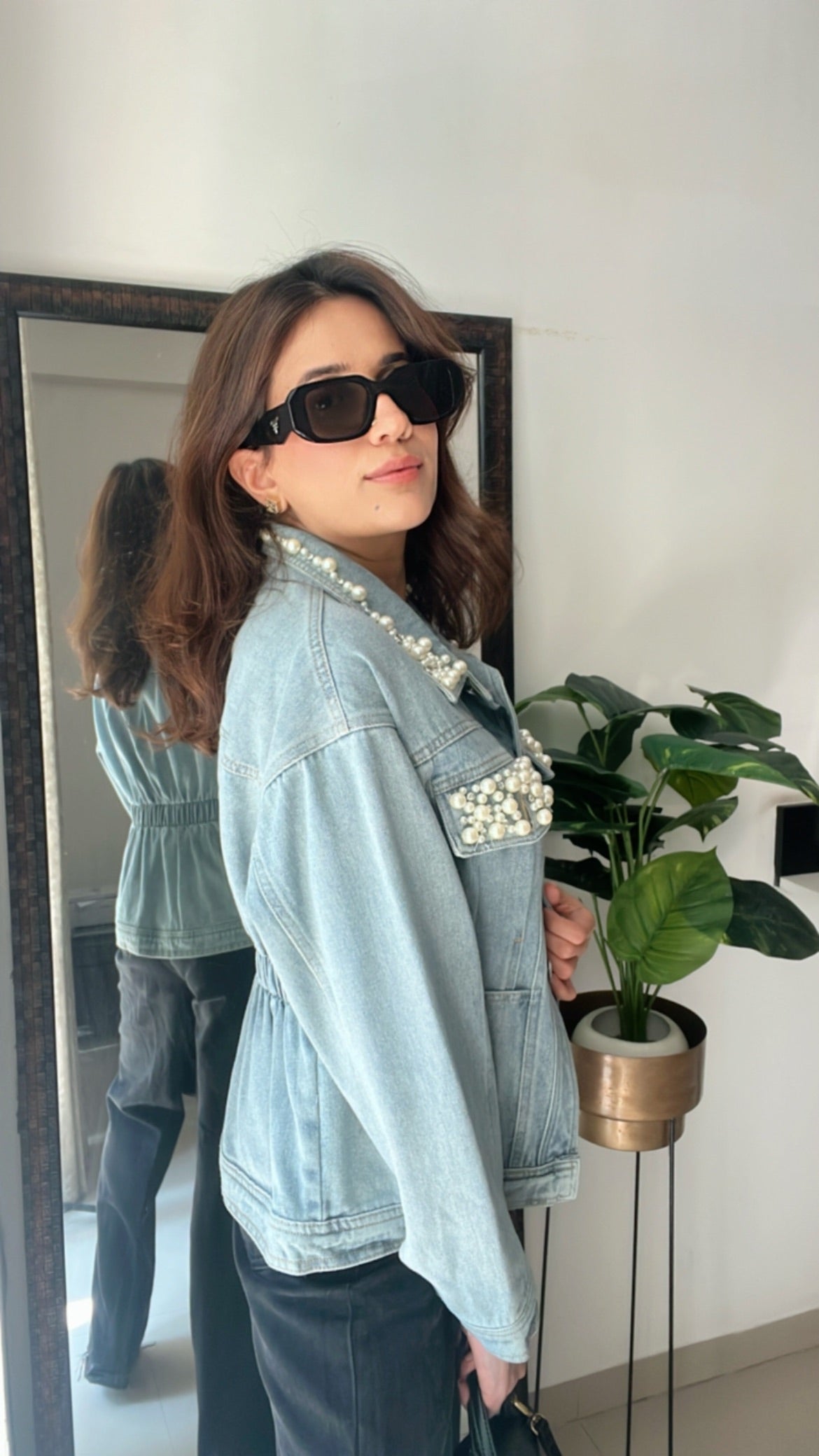 Pearl Detailed Denim Fall Jacket