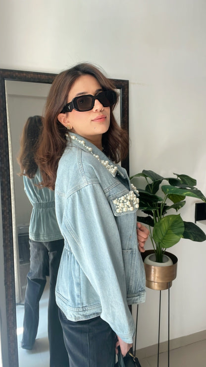 Pearl Detailed Denim Fall Jacket