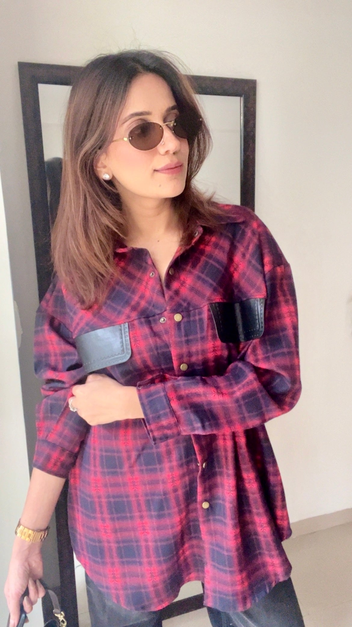 Plaid Leather Pocket Fall Shirt