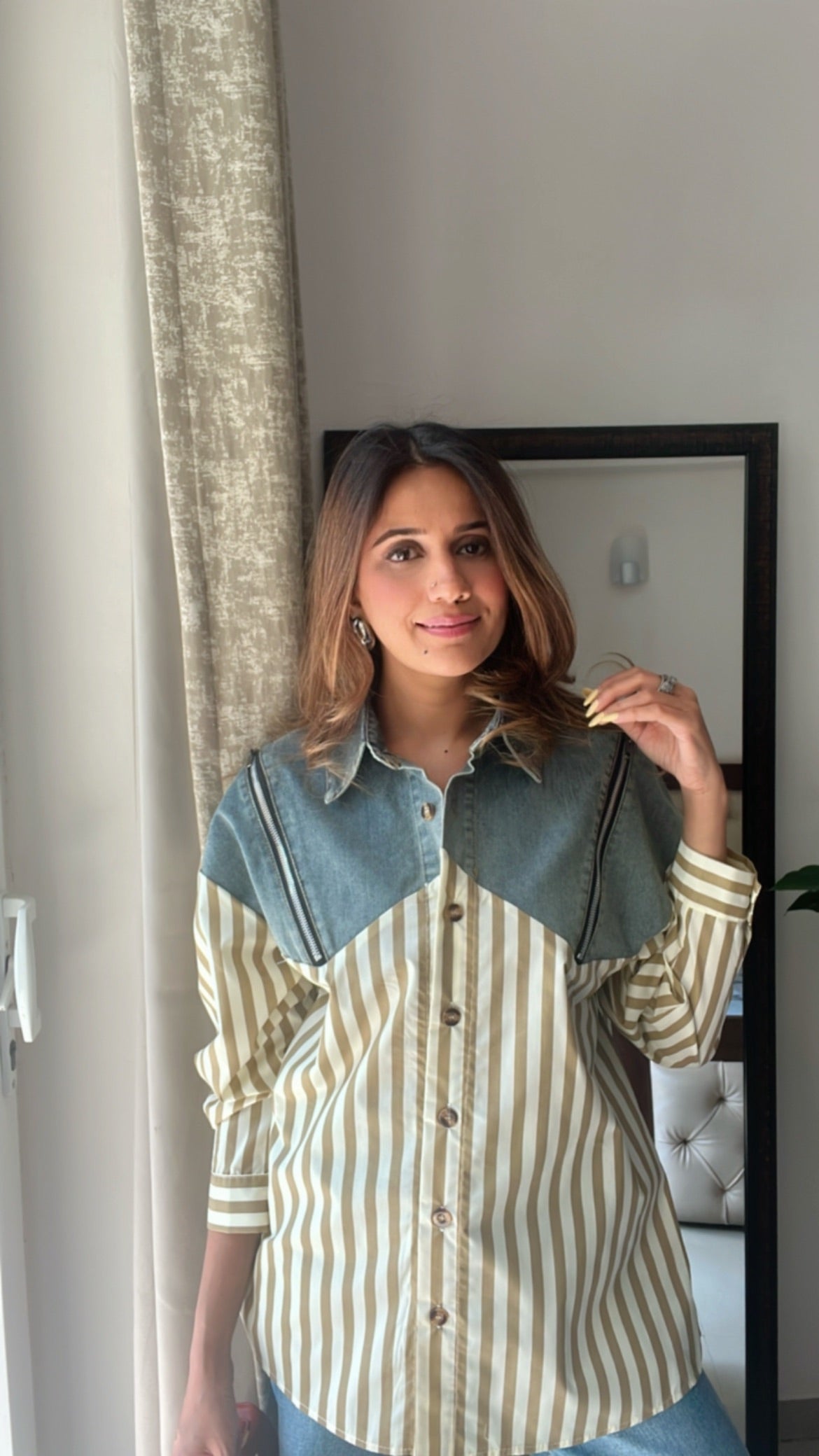 Denim Zipper detailed Poplin Shirt