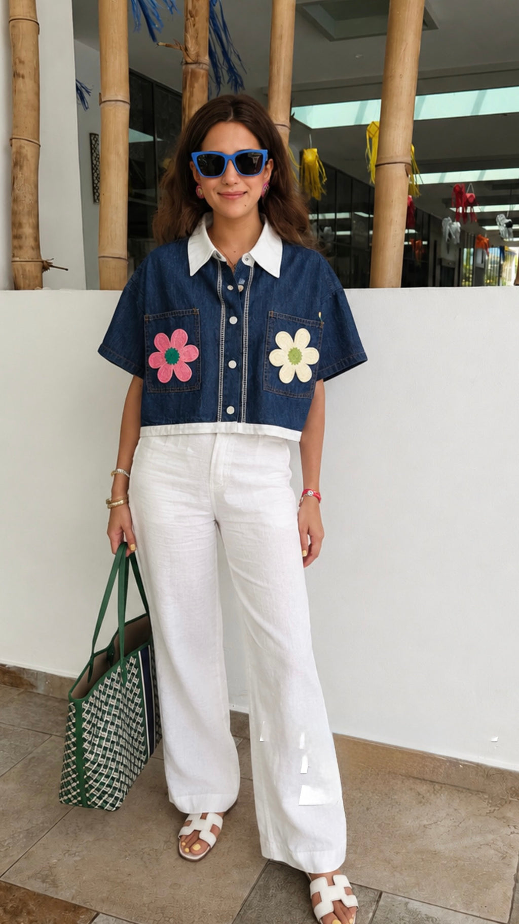 Floral Patch Denim Crop Shirt