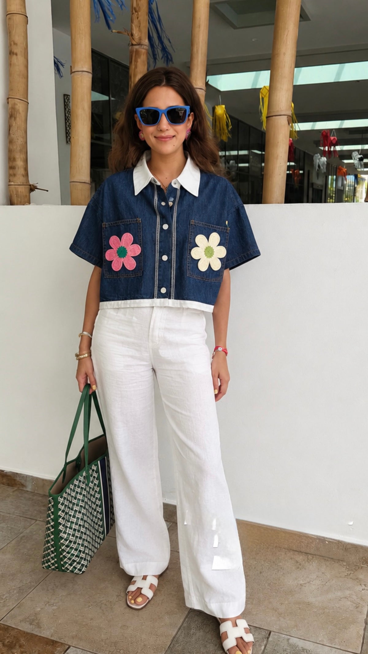 Floral Patch Denim Crop Shirt