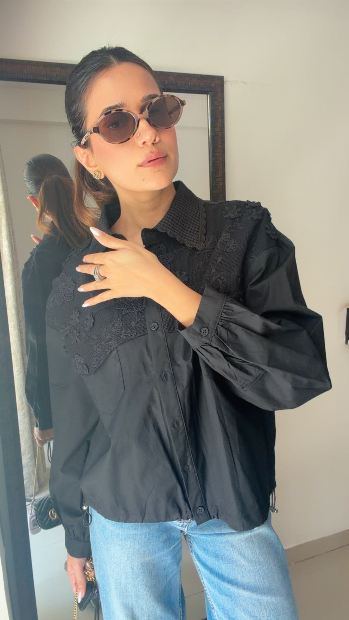 Flower Embedded Poplin Shirr