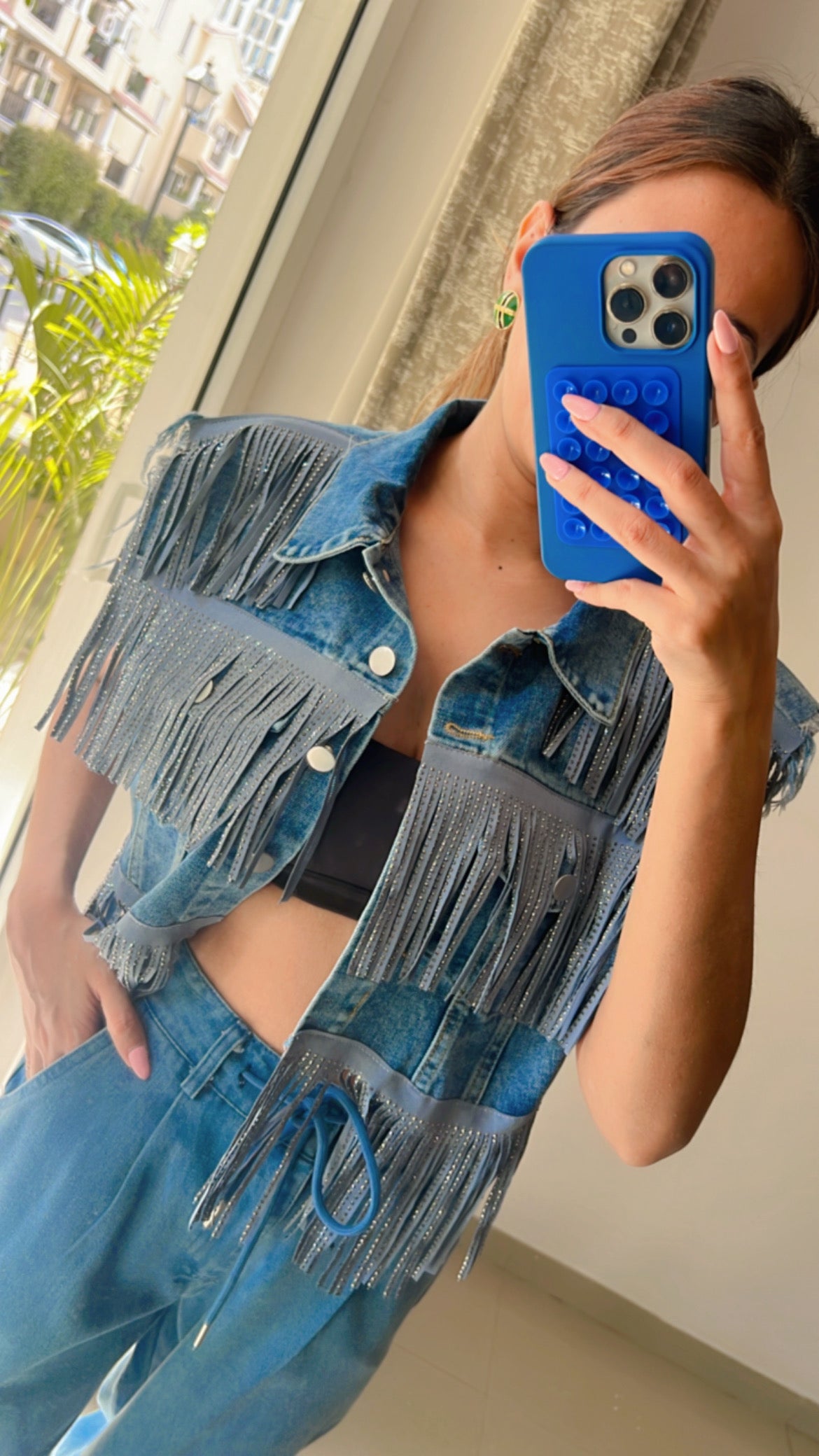 Fringe Swarovski Studded Denim Fall Jacket