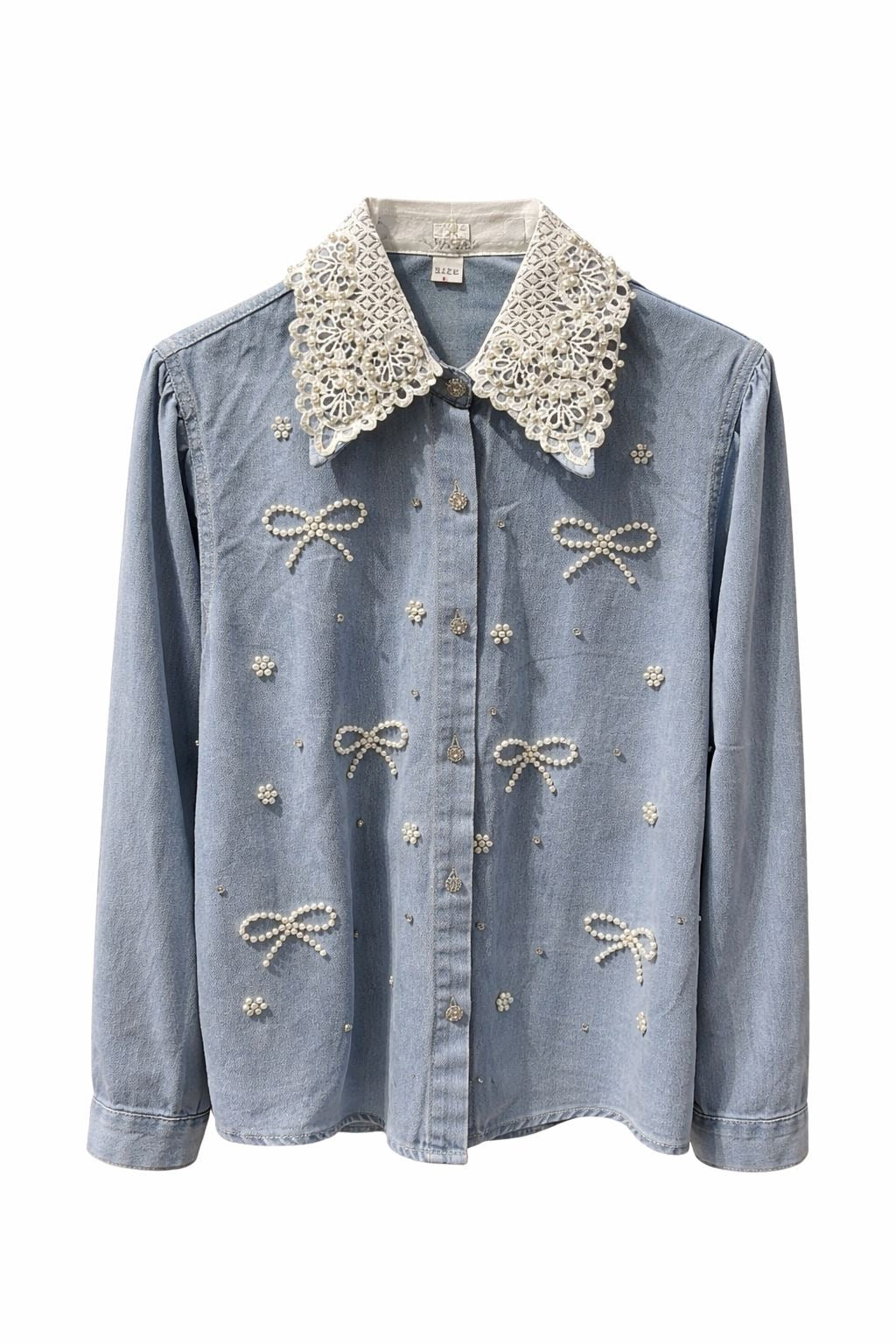 Bowknot Pearl Embellished Denim Shirt