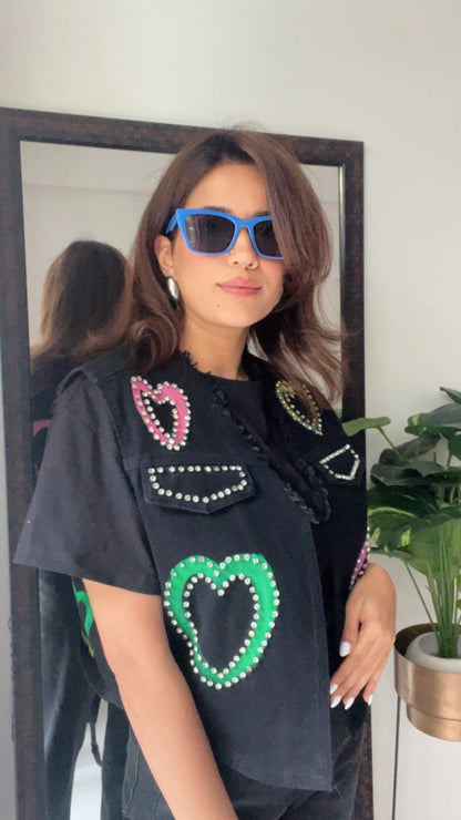 Multi Color Studded Heart Denim Fall Vest