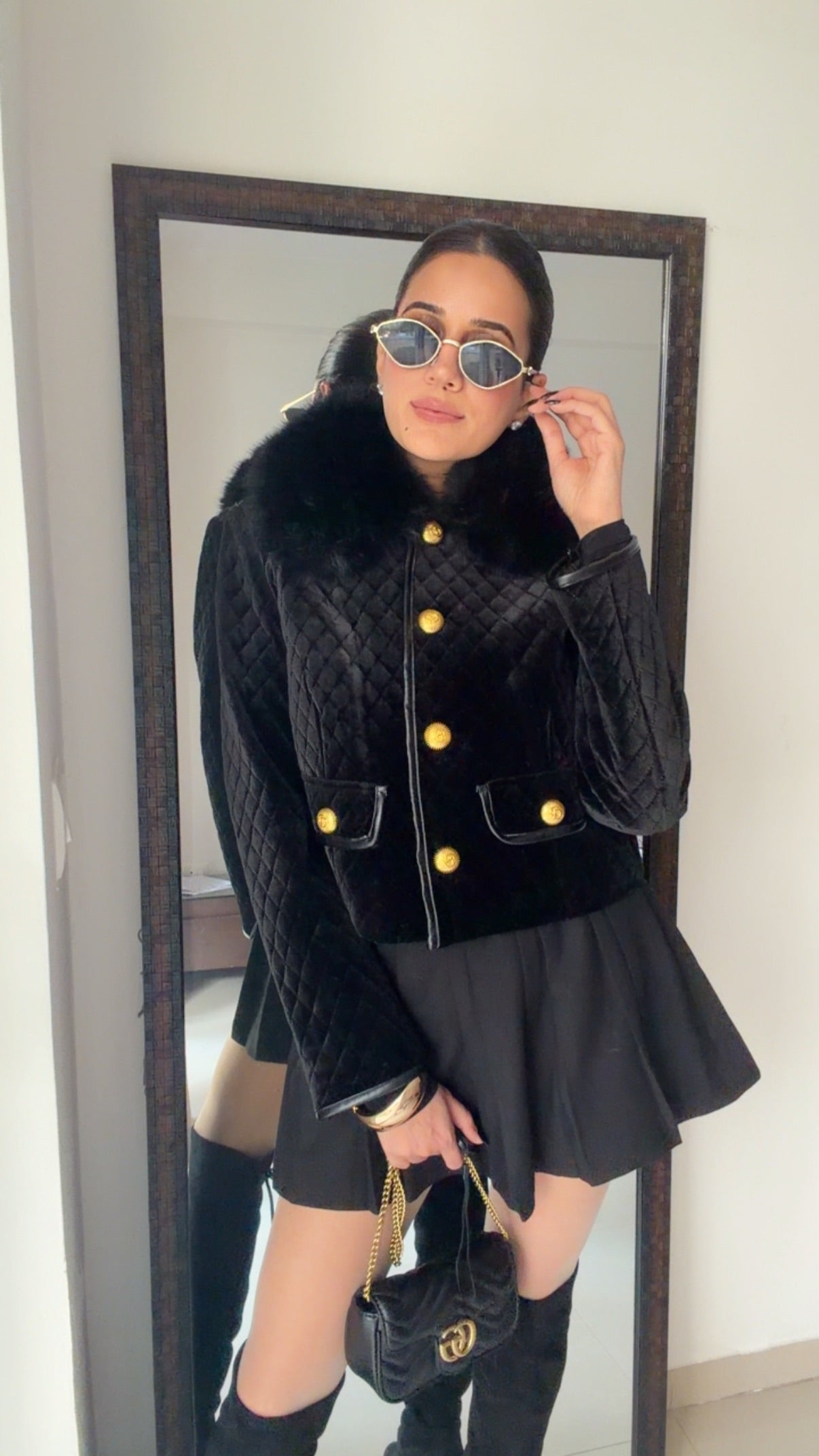 Quilted Fall Velvet Jacket with Faux Fur Collar (Fur Detachable)