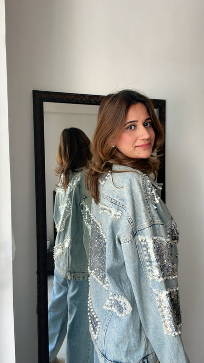 Sequin Patched Denim Fall Jacket