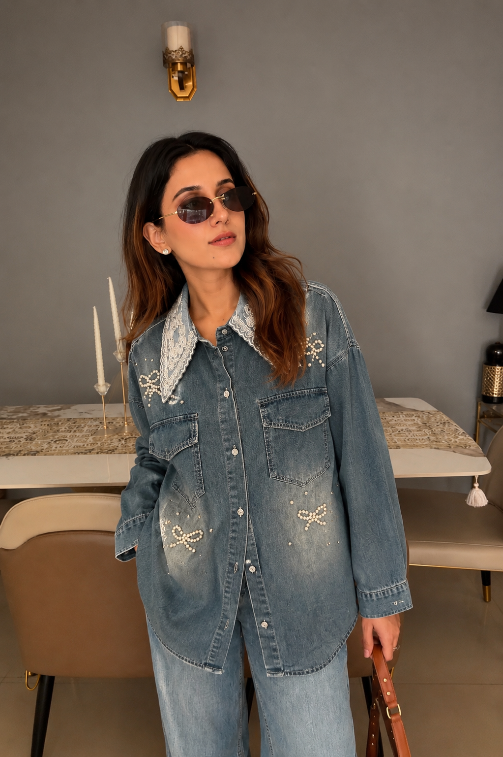 Lace Collar Pearl Detail Denim Shirt