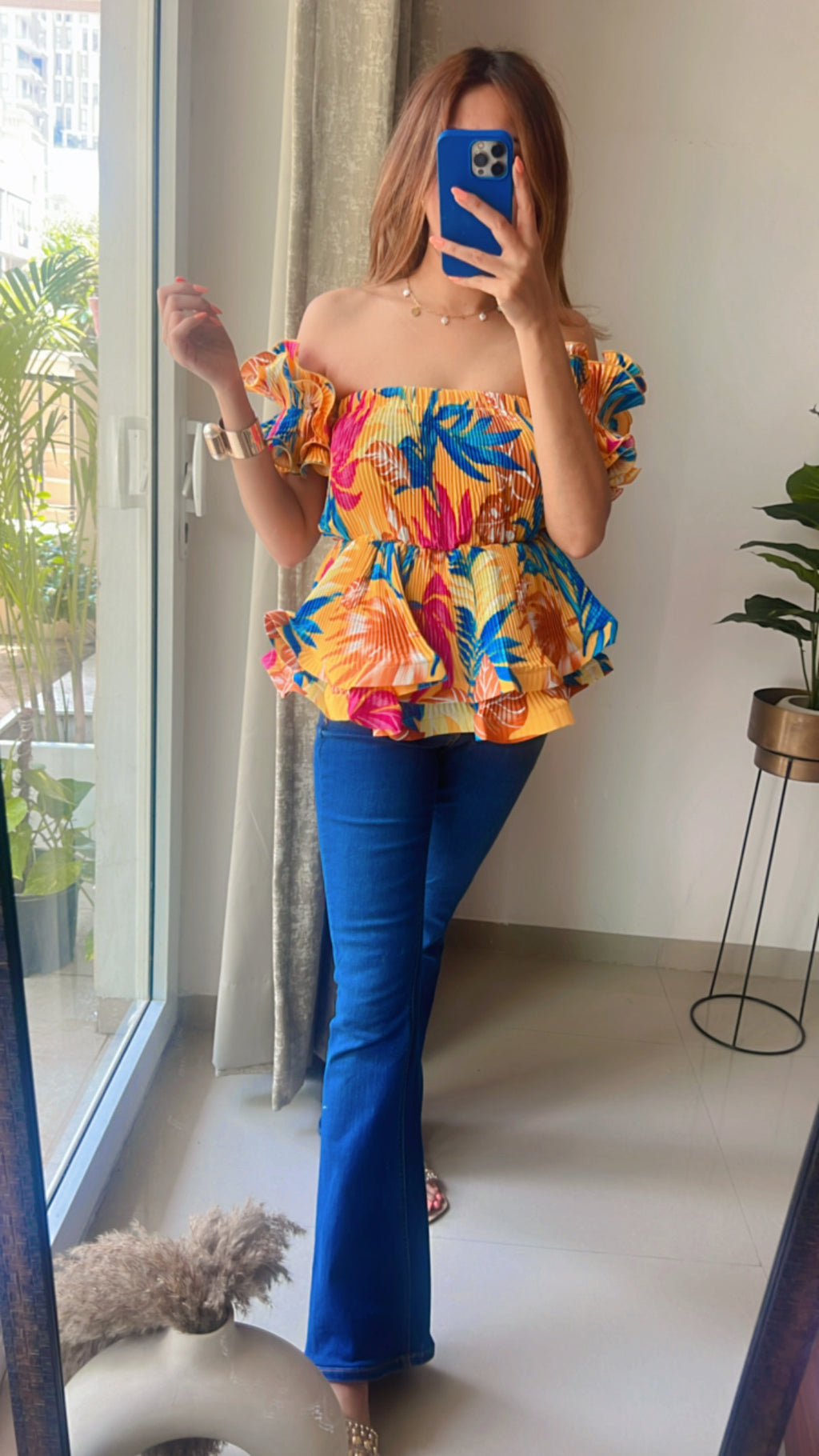 Tropical Pleated Peplum Top