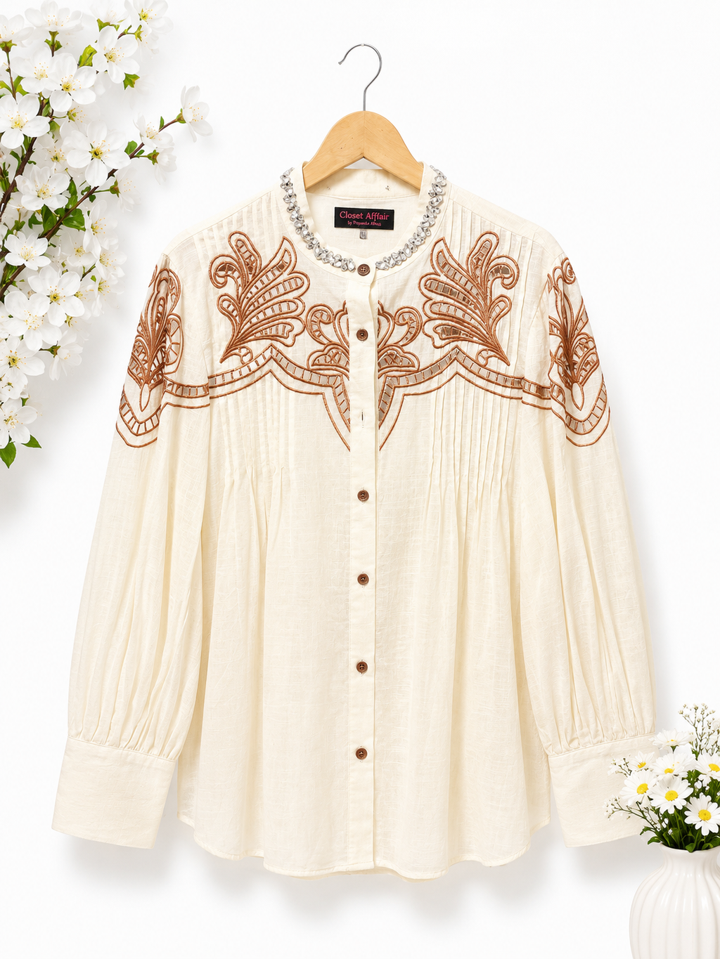 Embellished Embroidered Pintuck Poplin Shirt