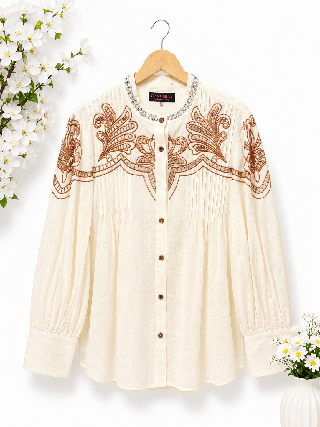 Embellished Embroidered Pintuck Poplin Shirt