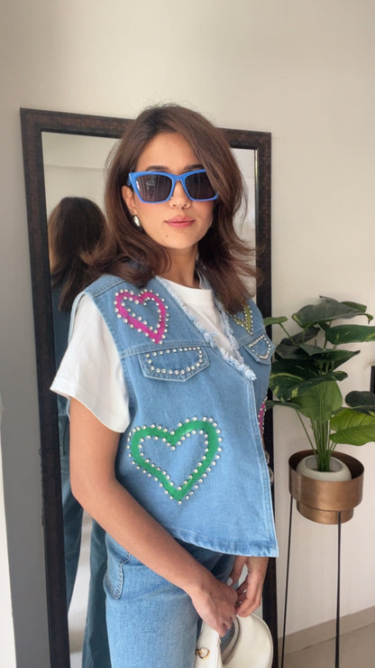 Multi Color Studded Heart Denim Fall Vest