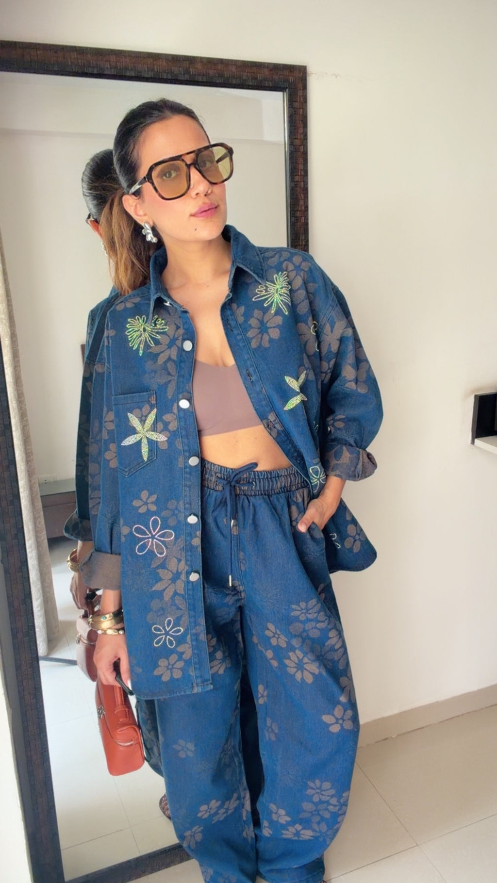 Denim Swarovski Studded Flower Co-ord Set