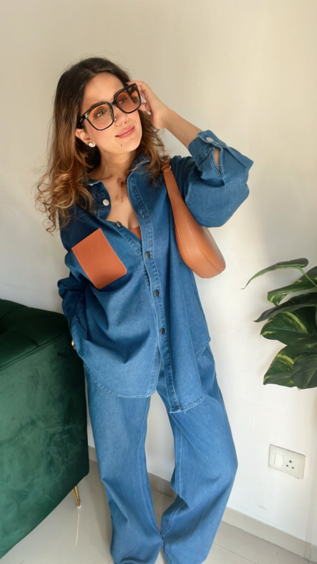 Leather Pocket Denim Drawstring Pants Co-ord Set