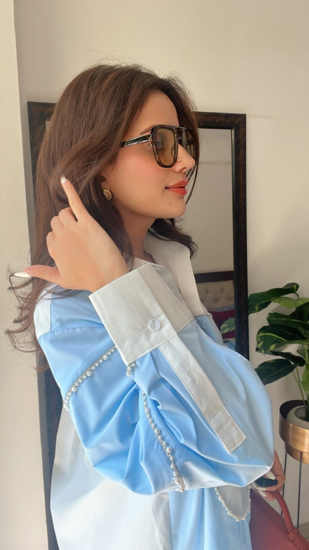 Pearl Detailed Dual Poplin Shirt
