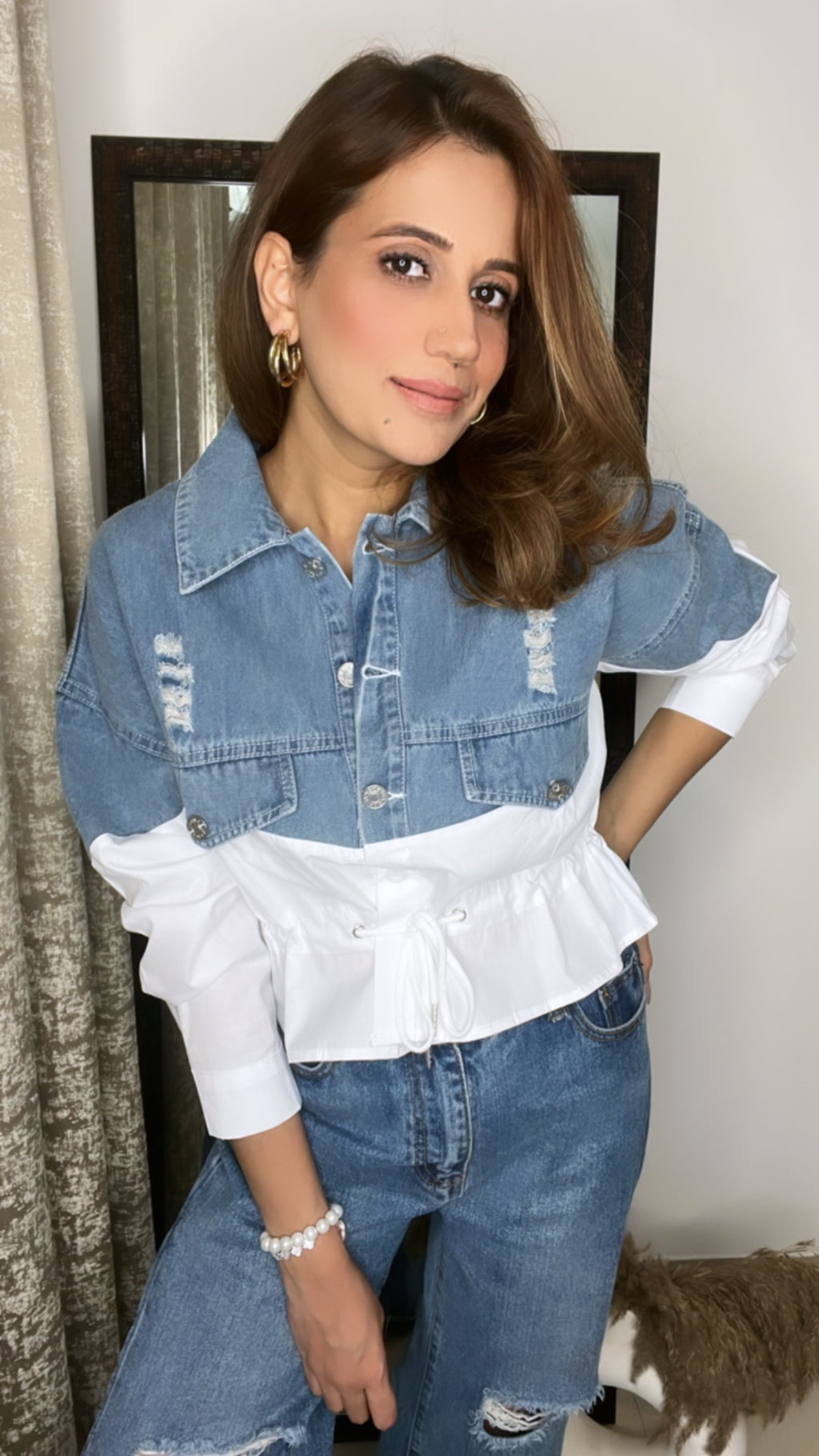 Drawstring Denim Poplin Shirt