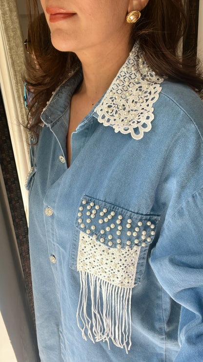 Fringed Pearl and Lace Denim Shirt